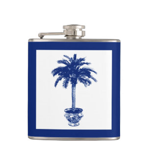 Palmblätterbaum - marineblau und weiß flachmann