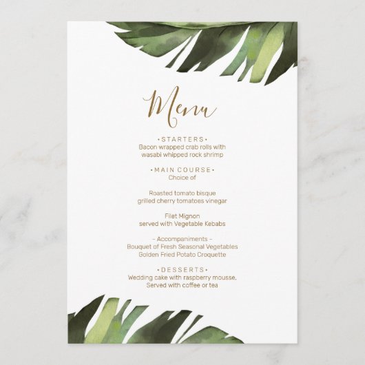 Palmblätterdach Tropical Floral Minimal Dusche Men Menükarte (Vorderseite)