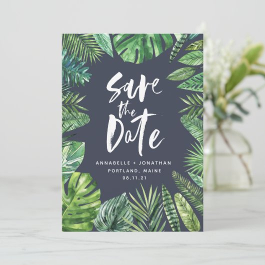 Palmblätternacht, Wasserfarbenblätternacht Save The Date (Stehend Vorderseite)