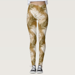 Palmblätterprint, Dunkelbraun, Tan und Beige Leggings