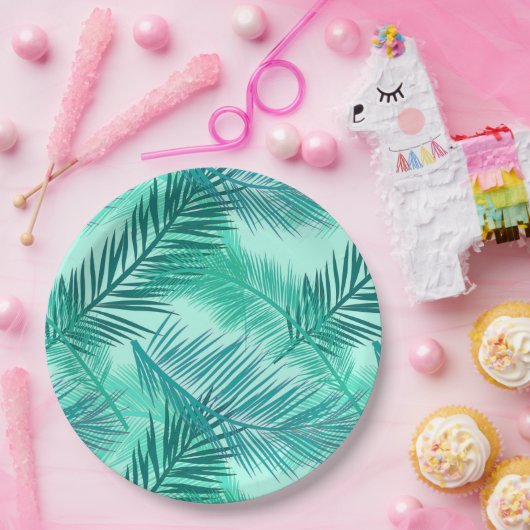 Palmblätterprint, Türkis, Aquamarin und Aqua Pappteller (Party)