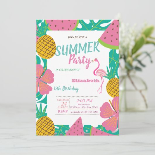 Palmblättrige tropische Früchte Rosa Flamingo Gebu Einladung (Stehend Vorderseite)