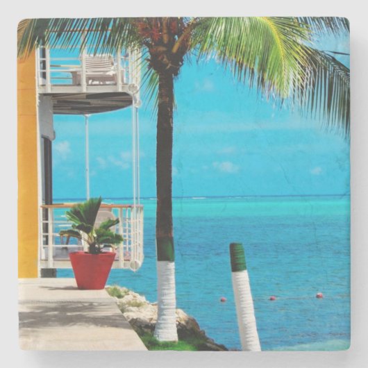 Palme am Vorgarten eines Hauses durch das Meer Steinuntersetzer (Vorderseite)