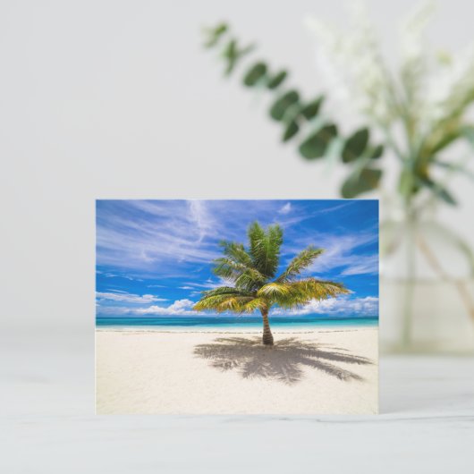Palme am weißen Sandstrand Postkarte (Stehend Vorderseite)