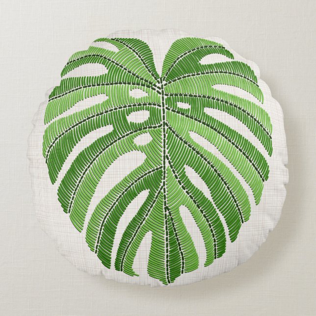 Palme Blätter bestickt. Green Tropical Monstera Rundes Kissen (Vorderseite)