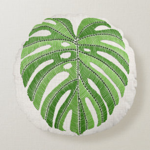 Palme Blätter bestickt. Green Tropical Monstera Rundes Kissen