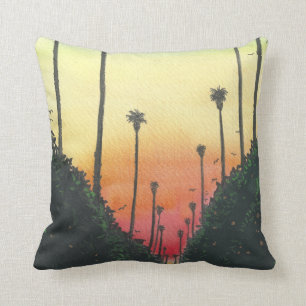 Palme gezeichnete Straße am Sonnenuntergang Kissen