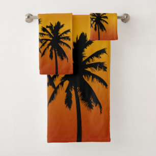 Palme-Silhouette im orange Sonnenuntergang Badhandtuch Set