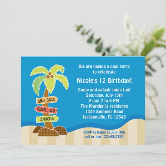 Palme singen Pool-Party Einladung (Stehend Vorderseite)