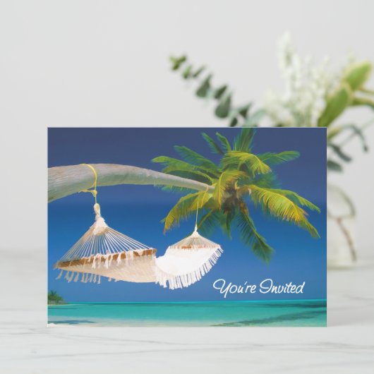 Palme Tree, Ocean & Hammock Sie sind eingeladen Einladung (Stehend Vorderseite)