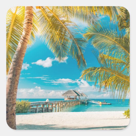 Palmen am Sonnenuntergang Quadratischer Aufkleber (Vorderseite)