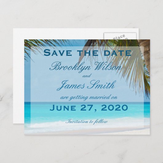 Palmen am Strand Hochzeit Save the Date Postkarte (Vorne/Hinten)