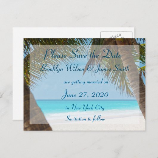 Palmen am Strand Hochzeit Save the Date Postkarte (Vorne/Hinten)