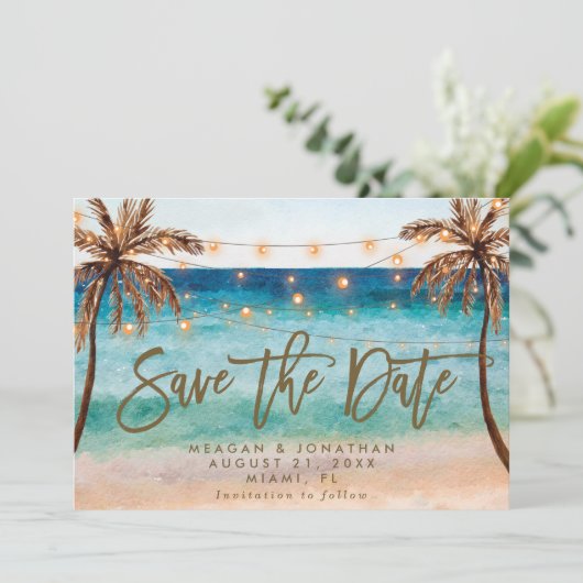 Palmen am Strand Save the Date Karte (Stehend Vorderseite)