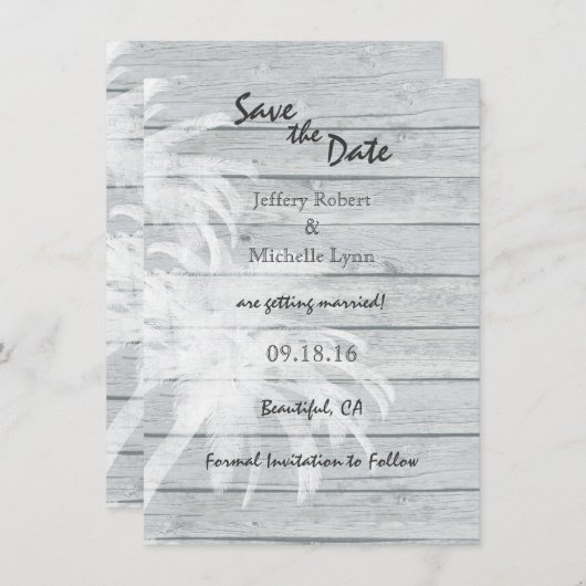 Palmen am Strand von Wood Beach Hochzeit Save the Einladung (Vorne/Hinten)