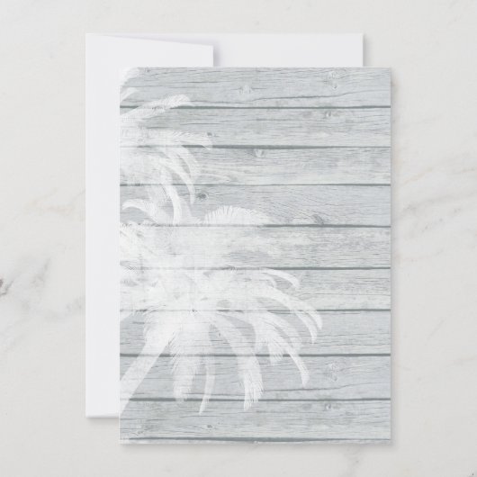 Palmen am Strand von Wood Beach Hochzeit Save the Einladung (Rückseite)