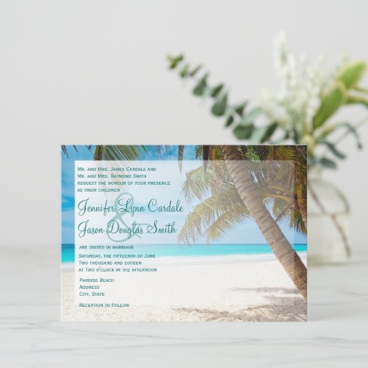 Palmen an der Hochzeit in Urlaubsort Einladung (Stehend Vorderseite)