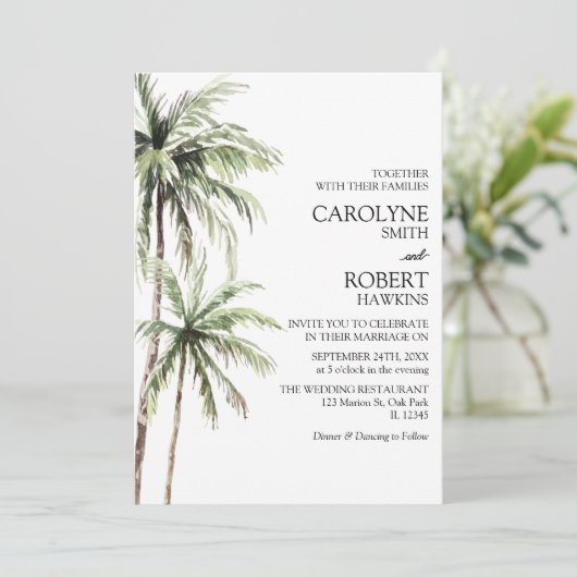 Palmen Bäume Watercolor Tropical Beach Hochzeit Einladung (Stehend Vorderseite)