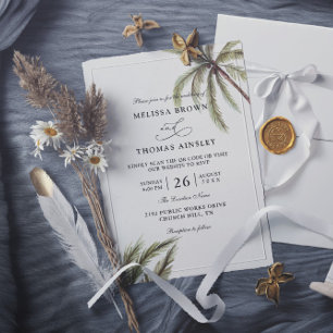 Palmen Boho Tropisch Budget QR-Code Hochzeit Einladung