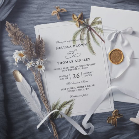 Palmen Boho Tropisch Budget QR-Code Hochzeit Einladung
