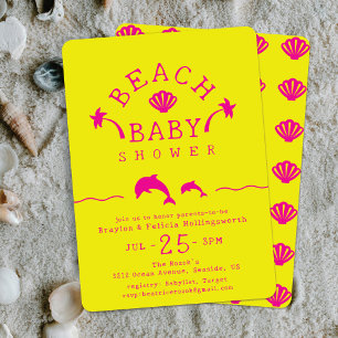Palmen & Delphine Yellow & Pink Beach Baby Dusche Einladung