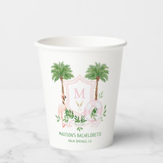 Palmen Flamingo Monogramm Wappen Junggesellinnenab Pappbecher (Vorderseite)
