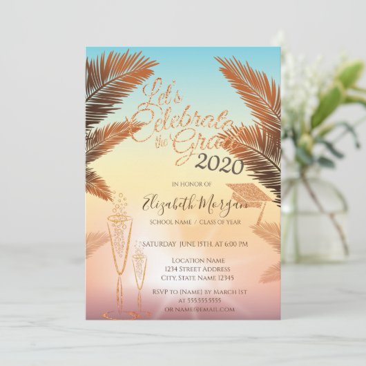Palmen, Glitzer Graduierungskappe, Abschluss aus G Einladung (Stehend Vorderseite)