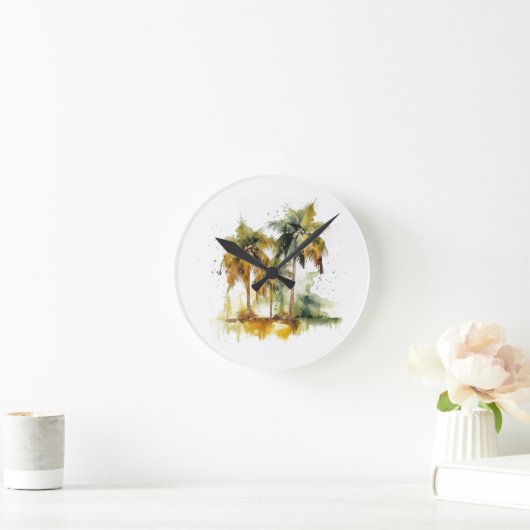 Palmen in grünen und gelben Aquarelltropen Runde Wanduhr (Zuhause)