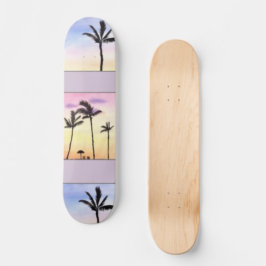 Palmen mit Sonnenaufgängen im Pastell Skateboard (Vorderseite)