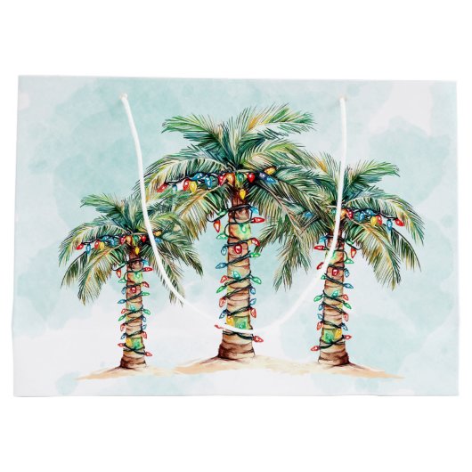 Palmen mit String Lights Beach Weihnachten Große Geschenktüte (Rückseite)