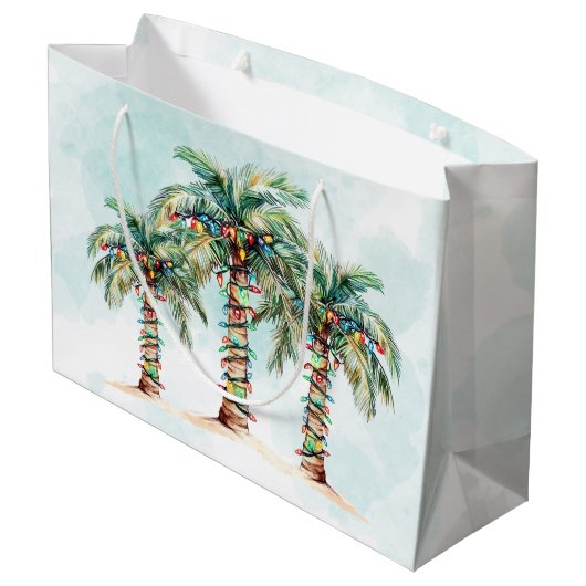 Palmen mit String Lights Beach Weihnachten Große Geschenktüte (Rückseite Schrägansicht)