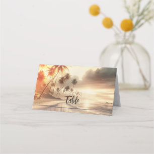 Palmen & Orange Sonnenuntergangs-Strandhochzeit Platzkarte