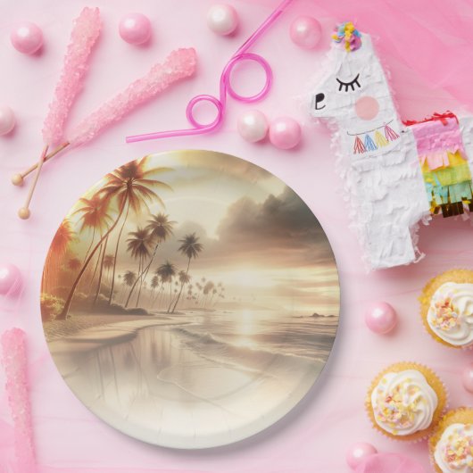 Palmen & Orange Sunset Beach Hochzeit Pappteller (Party)