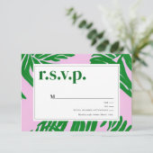Palmen Pink & Green Tropical Beach Hochzeit RSVP Karte (Stehend Vorderseite)