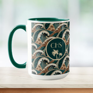 Palmen Polynesische Wellen Vintage Strand Monogram Tasse