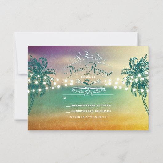 Palmen Saitenleuchten Strand Hochzeit RSVP Karten (Vorderseite)