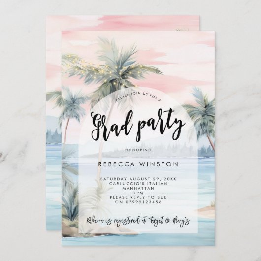 Palmen Sonnenuntergang Abschlussfeier Einladung (Vorne/Hinten)