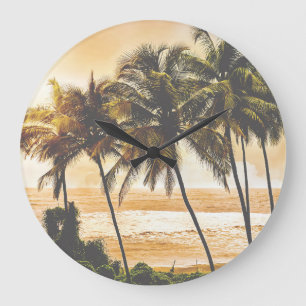 Palmen Sonnenuntergang: Goa Vintage Große Wanduhr
