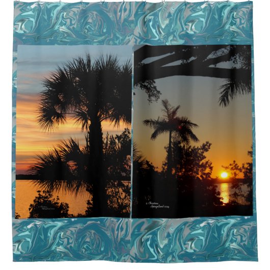 Palmen Sonnenuntergänge Blauer Duschvorhang (Vorderseite)