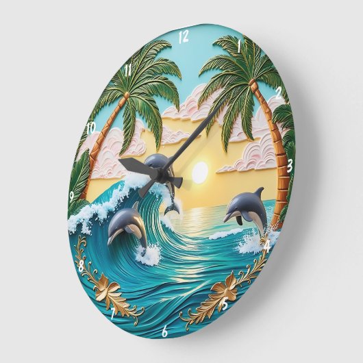 Palmen, springende Delphine und Ozeansonnenunterga Große Wanduhr (Winkel)