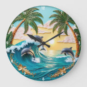 Palmen, springende Delphine und Ozeansonnenunterga Große Wanduhr (Vorderseite)