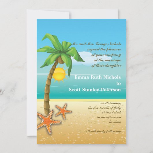 Palmen & Stärkestrand Hochzeit in Urlaubsort Einladung (Vorderseite)