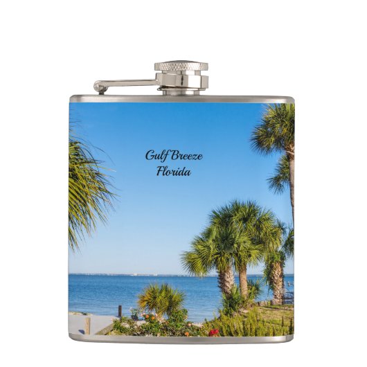 Palmen Strand Morgen Flasche Flachmann (Vorderseite)