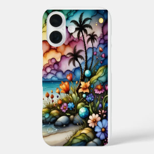 Palmen und Fantasy-Blume iPhone 16 Hülle