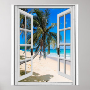 Palmen und Ozeanblick Faux-Fenster Poster