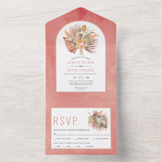 Palmen und Pampas-Gras-Hochzeit in rosa getrocknet All In One Einladung (Innen Boden)