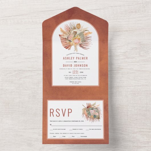Palmen und Pampas Terracotta Hochzeit All In One Einladung (Innen Boden)