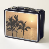 Palmen und romantischer Sonnenuntergang Metall Brotdose (Rückseite)