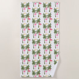 Palmen und rosa Flamingos Strandtuch