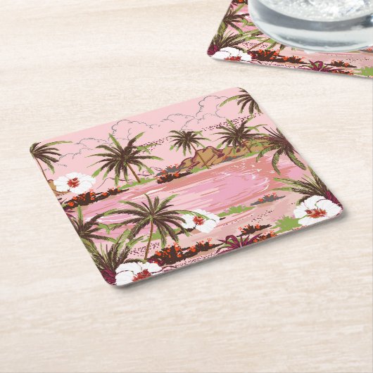 Palmen und rosa Pflanze der tropischen Inseln Rechteckiger Pappuntersetzer (angewinkelt)